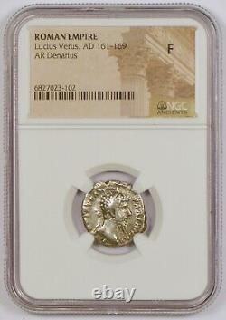 Roman Empire AD 161-169 Silver AR Denarius Coin for Lucius Verus, NGC Graded F