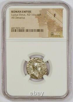 Roman Empire AD 161-169 Silver AR Denarius Coin for Lucius Verus, NGC Graded F