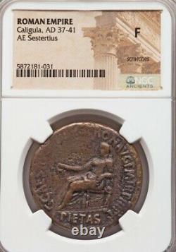 Roman Empire Caligula, Sacrifice Temple Sestertius NGC Fine Ancient Coin Gaius
