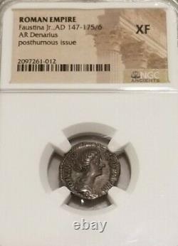 Roman Empire Faustina Jr Peacock Denarius NGC XF Ancient Silver Coin