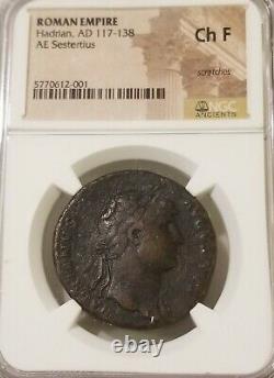 Roman Empire Hadrian Sestertius with Horse NGC CH Fine Ancient Coin