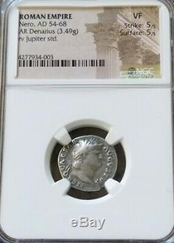 Roman Empire NERO Denarius Jupiter NGC VF 5/5 Ancient Silver Coin
