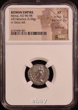Roman Empire Nerva AR Denarius 96-98 AD NGC XF Superb Strike! Rare Coin