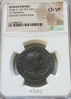 Roman Empire Philip II Saecular Games Sestertius NGC Choice VF Coin