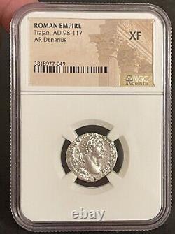 Roman Empire Trajan AD 98-117 AR Denarius NGC XF Ancient Coin Collar mint Mark