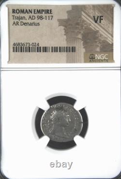 Roman Empire, Trajan, AR Denarius AD 98-117 NGC VF Witter Coin