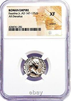 Roman Faustina JR Silver Denarius Coin NGC Certified XF With Story, Certificate