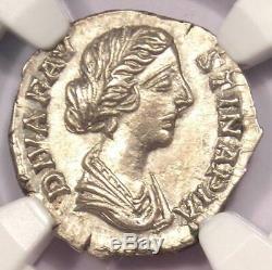 Roman Faustina Jr AR Denarius Peacock Coin 147-175 AD NGC Choice AU Condition