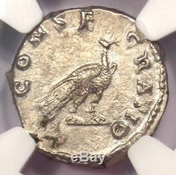 Roman Faustina Jr AR Denarius Peacock Coin 147-175 AD NGC Choice AU Condition