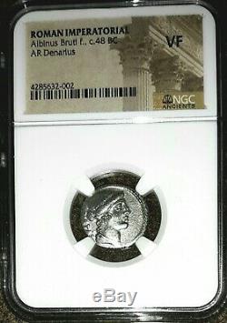 Roman Imperatorial. Albinus Brutus. 48 BC. Stunning Denarius Silver Coin, NGC VF