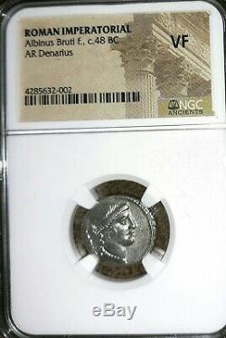 Roman Imperatorial. Albinus Brutus. 48 BC. Stunning Denarius Silver Coin, NGC VF