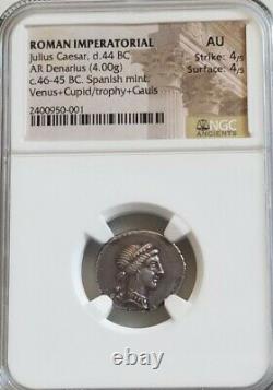 Roman Imperatorial Julius Caesar Denarius Venus & Cupid NGC AU Ancient Coin