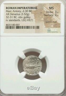 Roman Imperatorial Marc Antony Denarius NGC MS 3/3 Ancient Silver Coin