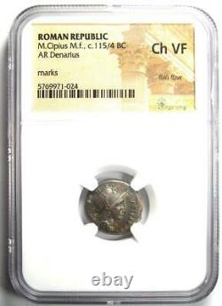 Roman M. Cipius Mf. AR Denarius Silver Coin 115 BC Certified NGC Choice VF