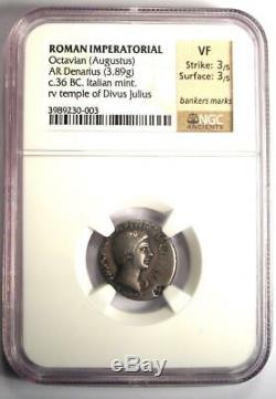 Roman Octavian Augustus AR Denarius Coin 36 BC (Divus Julius Temple) NGC VF