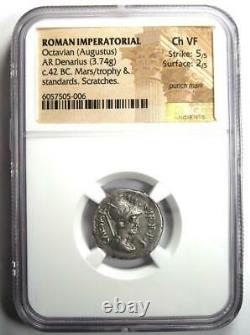 Roman Octavian Augustus AR Denarius Mars Silver Coin 42 BC NGC Choice VF