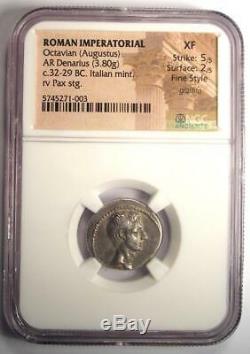 Roman Octavian Augustus AR Silver Denarius Coin 32-29 BC. NGC XF with Fine Style