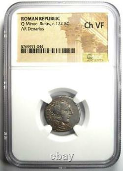 Roman Q. Minucius Rufus AR Denarius Coin 122 BC. Certified NGC Choice VF