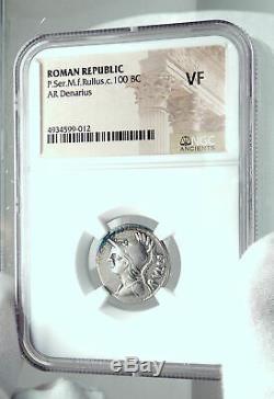 Roman Republic 100BC Ancient Silver Coin w MINERVA VICTORY CHARIOT NGC i78051