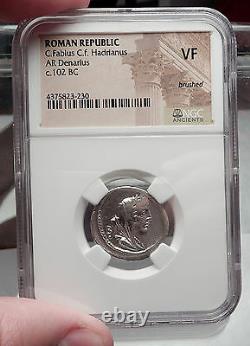 Roman Republic 102BC Cybele Victory Chariot Stork Ancient Silver Coin NGC i59832