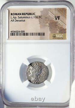 Roman Republic 104BC Rome Ancient Silver Coin ROMA SATURN CHARIOT NGC i82613