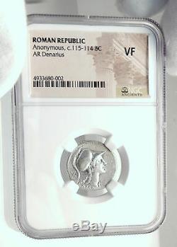 Roman Republic 115BC Anonymous Ancient Silver Coin WOLF ROMULUS REMUS NGC i77274