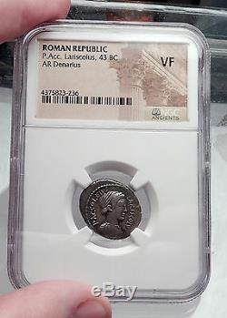 Roman Republic 43BC Larentia Hero Woman of Rome & Nymphs Silver Coin NGC i60173