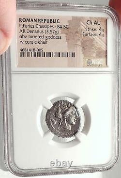 Roman Republic 84BC Rome Authentic Ancient Silver Coin CYBELE & CHAIR NGC i69794