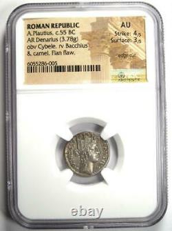 Roman Republic A. Plautius AR Denarius Camel Coin 55 BC Certified NGC AU