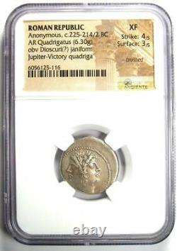 Roman Republic Anonymous AR Quadrigatus Dioscuri Janiform Coin 225 BC. NGC XF