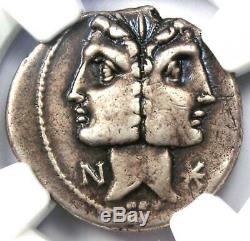 Roman Republic C. Fonteius AR Denarius Janus Janiform Coin 114 BC. NGC Choice VF