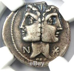 Roman Republic C. Fonteius AR Denarius Janus Janiform Coin 114 BC. NGC Choice VF