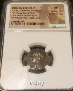 Roman Republic Cassius Longinus Denarius NGC VF 5/2 Ancient Silver Coin