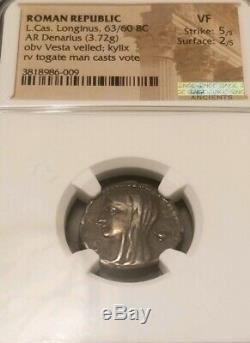 Roman Republic Cassius Longinus Denarius NGC VF 5/2 Ancient Silver Coin