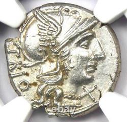 Roman Republic Cn. Lucret Trio AR Denarius Coin 136 BC Certified NGC MS (UNC)