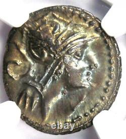 Roman Republic D. Silanus Lf. AR Denarius Roma, Horses Coin 91 BC. NGC Choice AU