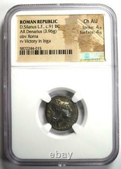 Roman Republic D. Silanus Lf. AR Denarius Roma, Horses Coin 91 BC. NGC Choice AU