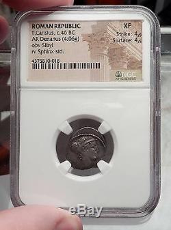 Roman Republic Julius Caesar Triumphs Silver Coin ORACLE SPHINX NGC XF i58229