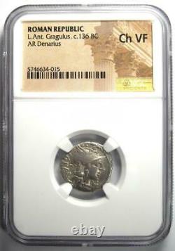 Roman Republic L. Ant. Gragulus AR Denarius Coin 136 BC. Certified NGC Choice VF