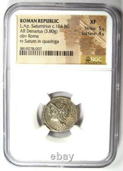 Roman Republic L. Ap. Saturninus AR Denarius Roma Coin 104 BC NGC XF (EF)