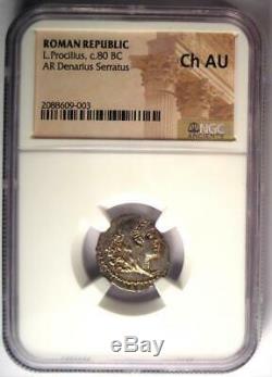 Roman Republic L. Procilius AR Denarius Serratus Coin 80 BC NGC Choice AU
