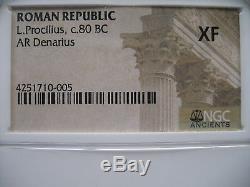 Roman Republic L. Procilius c. 80 BC AR Denarius NGC XF Ancient Silver Coin