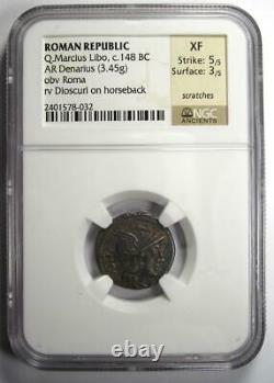 Roman Republic Q. Marcius Libo AR Denarius Coin 148 BC Certified NGC XF (EF)