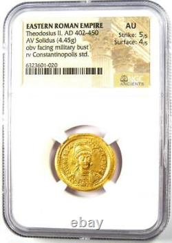 Roman Theodosius II AV Solidus Gold Coin 402-450 AD NGC AU 5/5 Strike