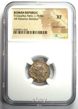 Roman Ti. Claudius Nero AR Denarius Serratus Coin 79 BC Certified NGC XF (EF)