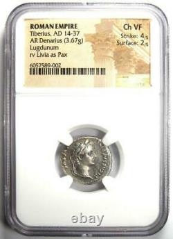 Roman Tiberius AR Denarius Silver Tribute Penny Coin 14-37 AD NGC Choice VF