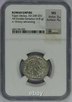 Roman Trajan Decius AR Double Denarius Coin 249-251 AD NGC MS VICTORY ADVANCING