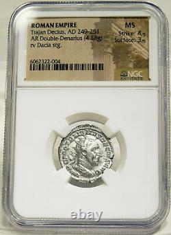 TRAJAN DECIUS / Dacia DRACO Wolf NGC MINT STATE Ancient Roman Empire Silver Coin