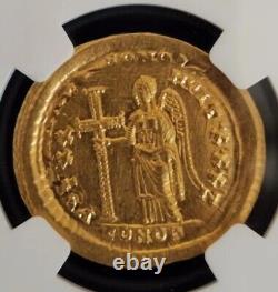 Theodosius II Victory withlong cross Solidus Gold Coin Roman 402 AD NGC MS