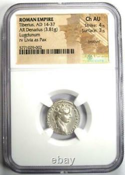 Tiberius AR Denarius Silver Tribute Penny Roman Coin 14-37 AD NGC Choice AU